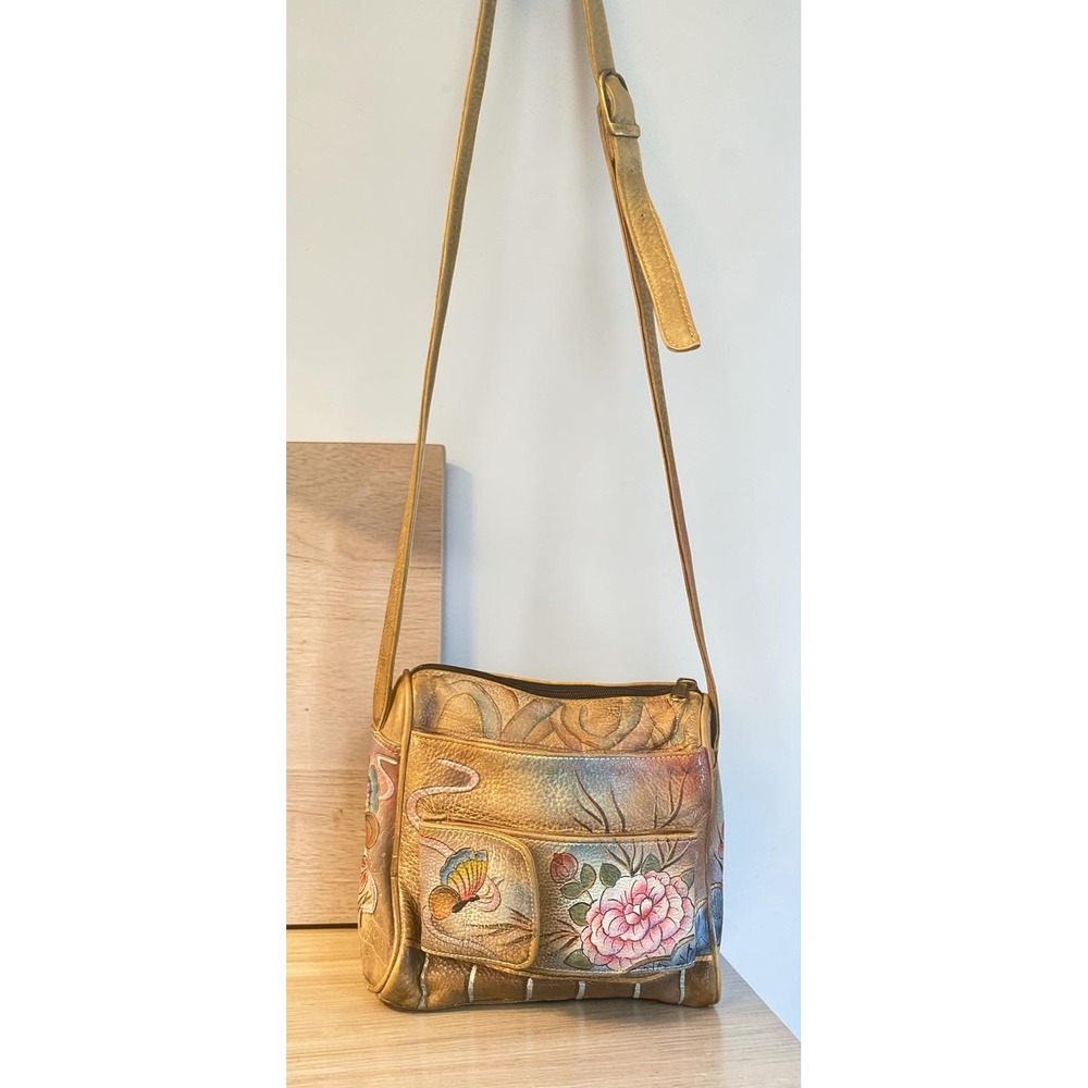 Anuschka Hand Painted Floral Butterfly Leather Multi Pocket Crossbody Bag